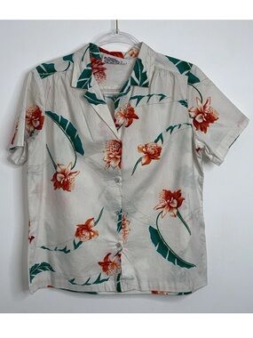 Vintage Hilo Hattie Hawaiian Shirt Women Medium White Aloha Made Hawaii Tropical